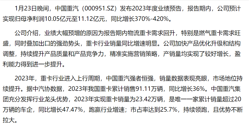 中国重汽：预计2023年归母净利润增长370%-420%  国内外市场持续共振驱动业绩全面向好